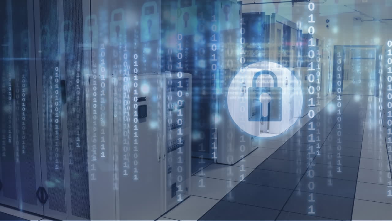 Animazione di un lucchetto, codice binario ed elaborazione dati su server informatici
