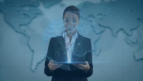 animation of data processing over globe against caucasian businesswoman using digital tablet