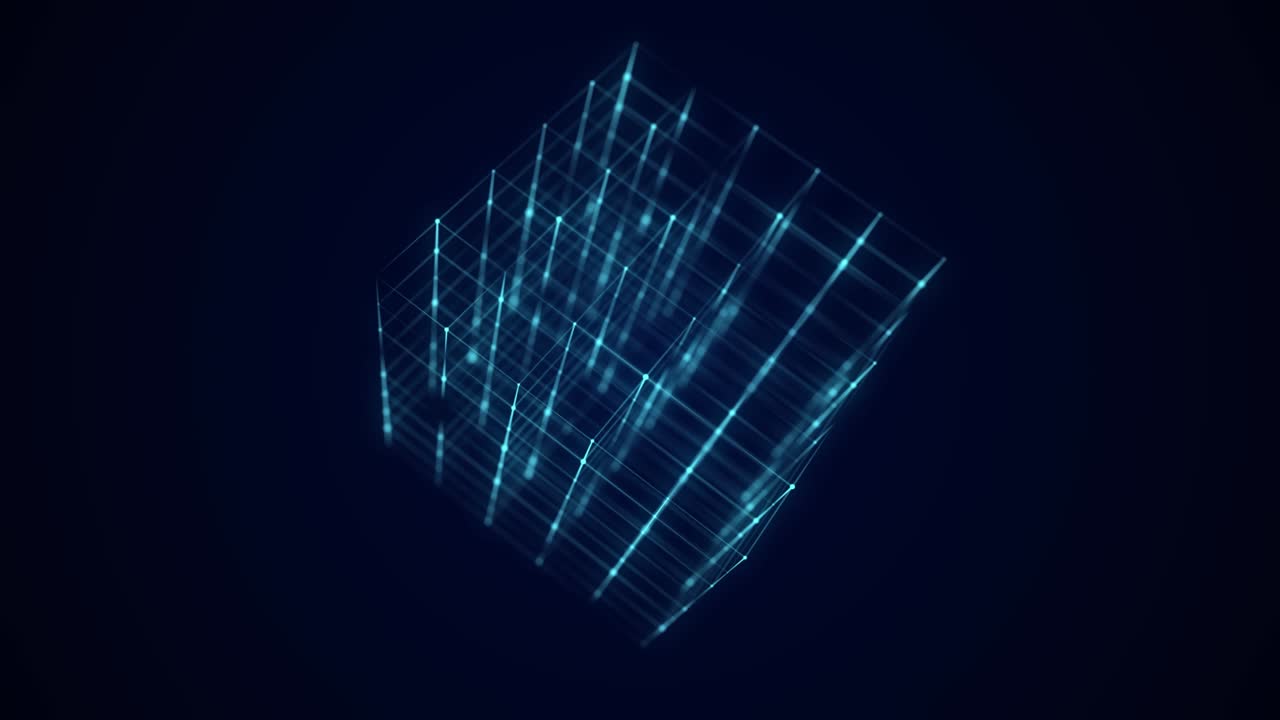 Digital blockchain concept and data transfer system. Abstract wireframe cube whith connection dots and lines. Storage cells of datas. 3d rendering.