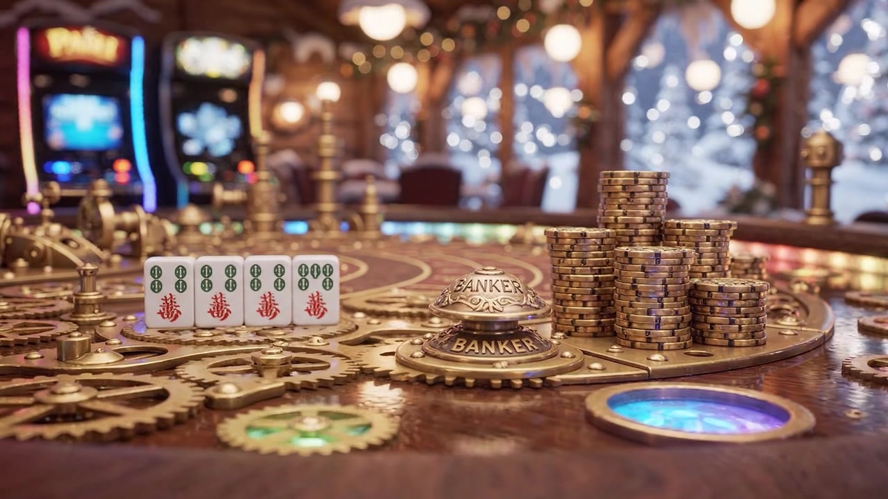 Un primo piano di un intricato tavolo da gioco con monete d'oro, fiches da gioco e uno sfondo mozzafiato di luci e atmosfera nevosa in un ambiente da casinò.