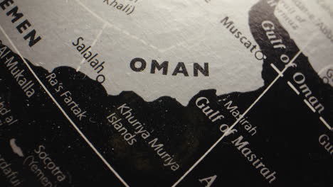 close-up view of the middle east region on a globe, focusing on oman and surrounding countries