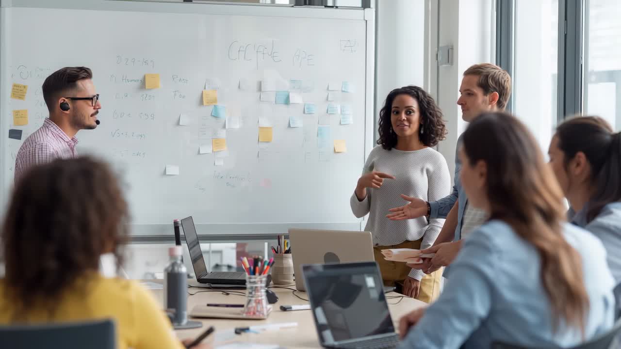 Vertical video: Left lead speaking, female pointing at board, animated notes marking business goals