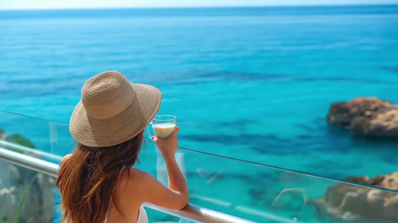 Female traveler relaxing with cold beverage on scenic balcony, overlooking pristine turquoise waters and expansive Mediterranean seascape during luxury summer vacation