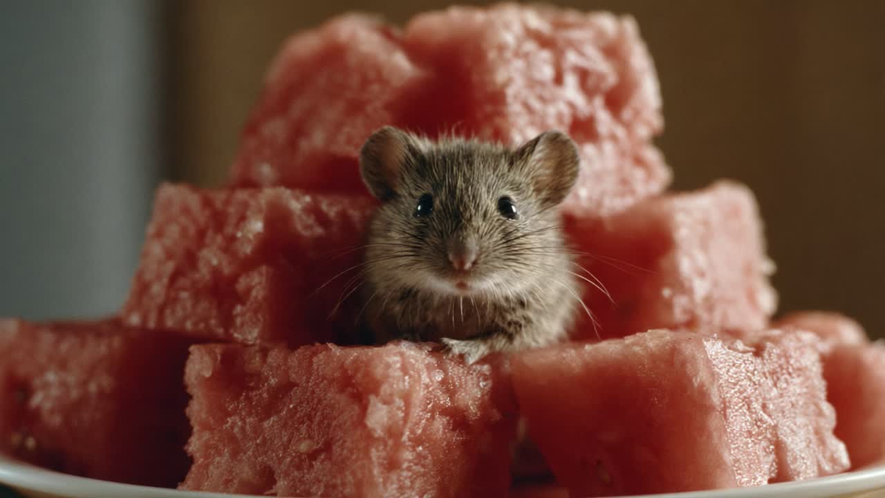 A curious mouse sits playfully surrounded by vibrant watermelon cubes, creating a charming display of humor and nature in a delightful kitchen setting