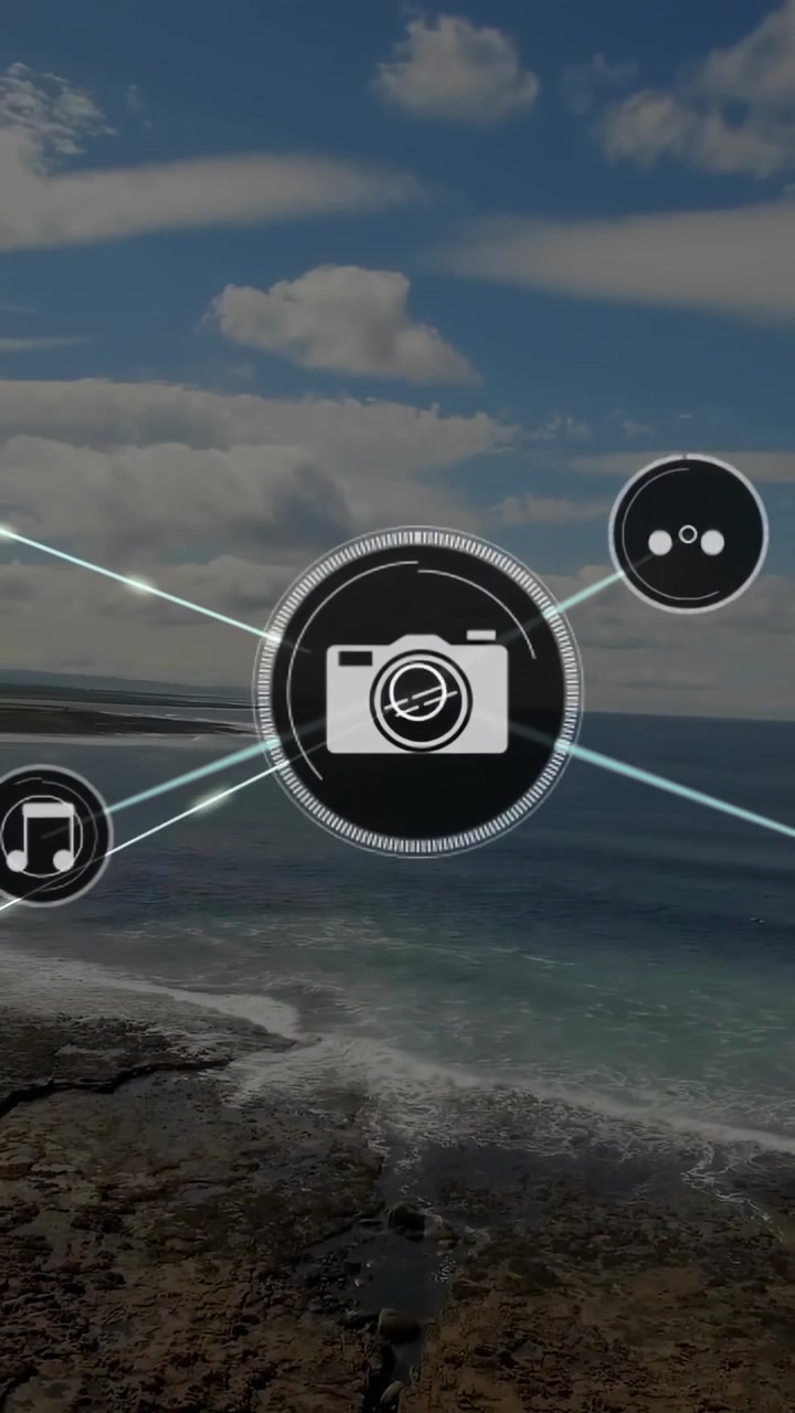 Vertikal video: Midterste kameraikon udsender linjer, der skaber et medienetværk af musik- og kameraknuder over havet.