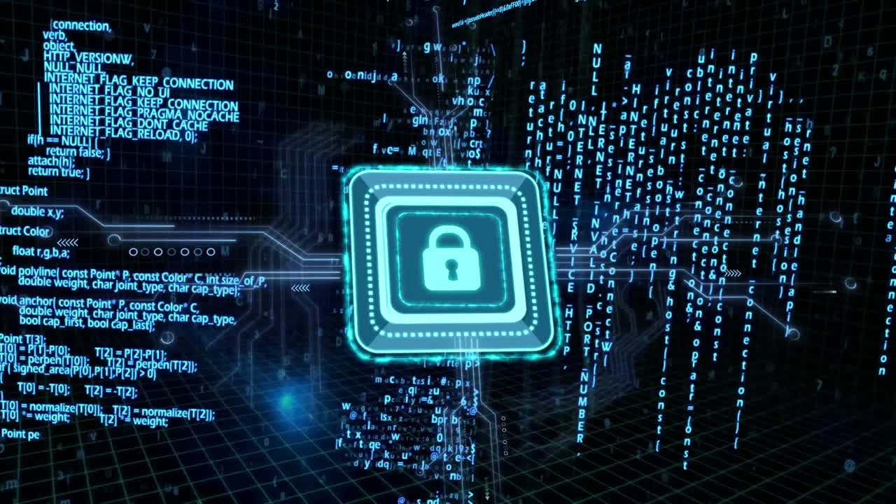 Animation of data processing with online security padlock over computer circuit board