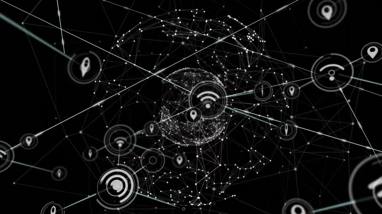 animación de la red de conexiones con iconos sobre fondo negro