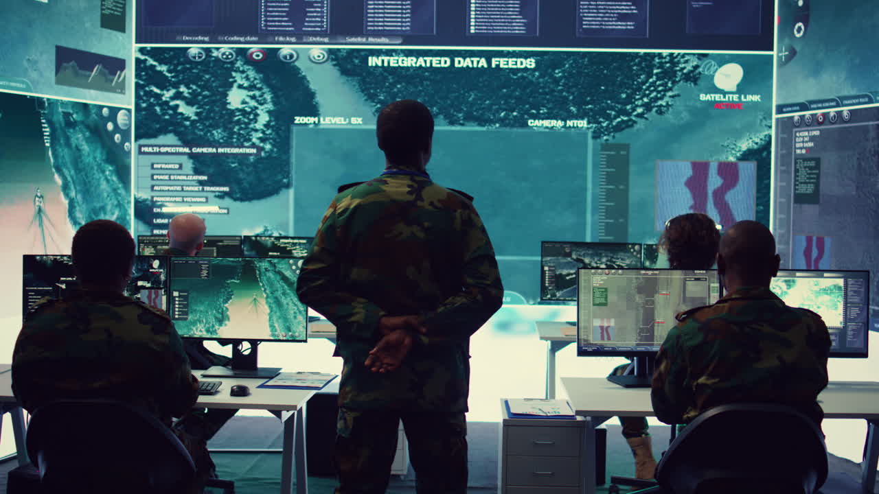 Army officer examining satellite surveillance footage on a big screen