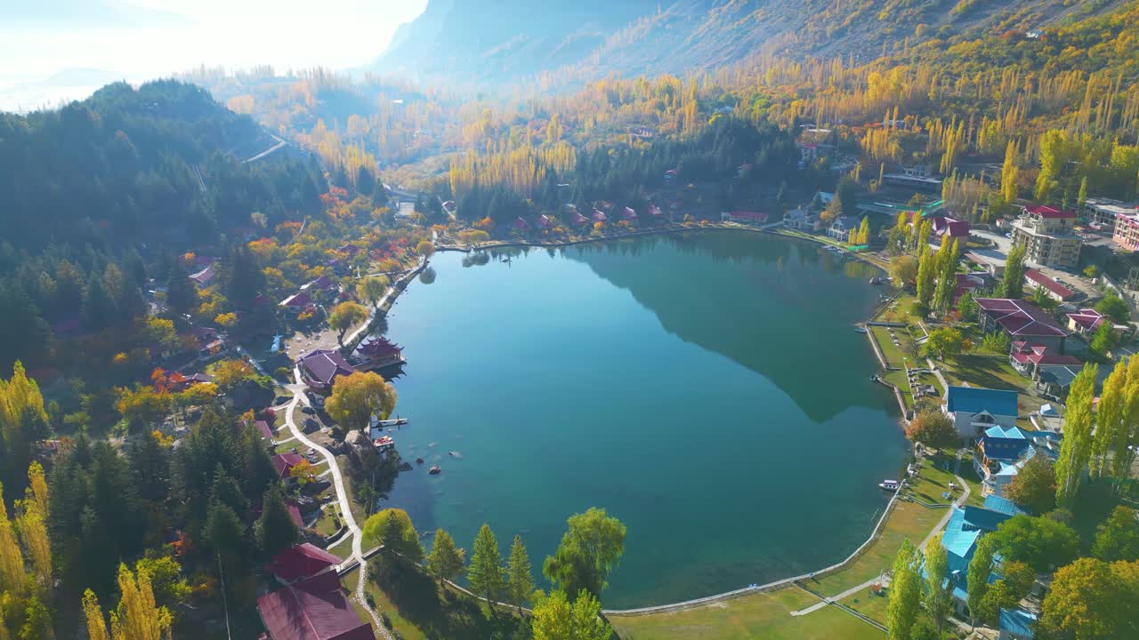 Pan aerial shot of Lower Kachura Lake, Shangrila Lake in Skardu, Pakistan during afternoon