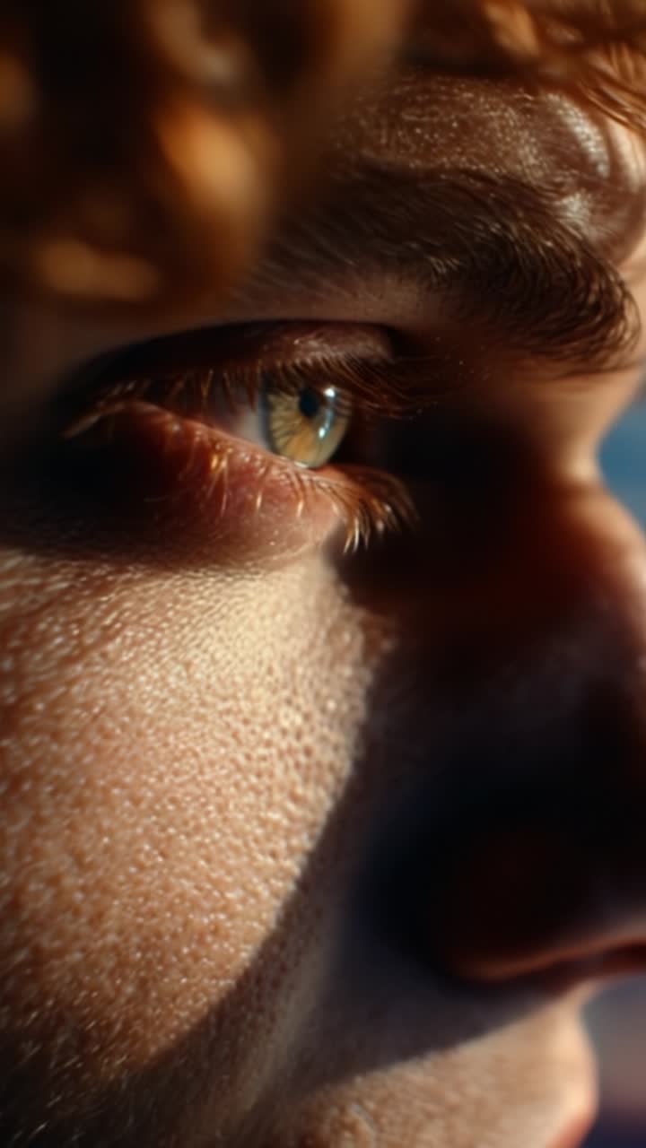 Captivating Close-Up of an Emotional Gaze: High-Definition Portrait of a Person with Striking Features and Intense Expression in Soft Lighting