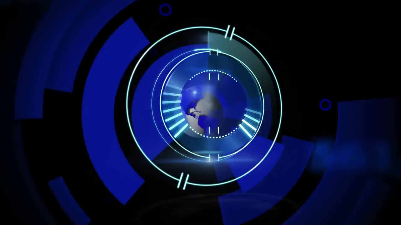 animación del globo, el círculo de procesamiento y las formas rojas sobre fondo negro y azul