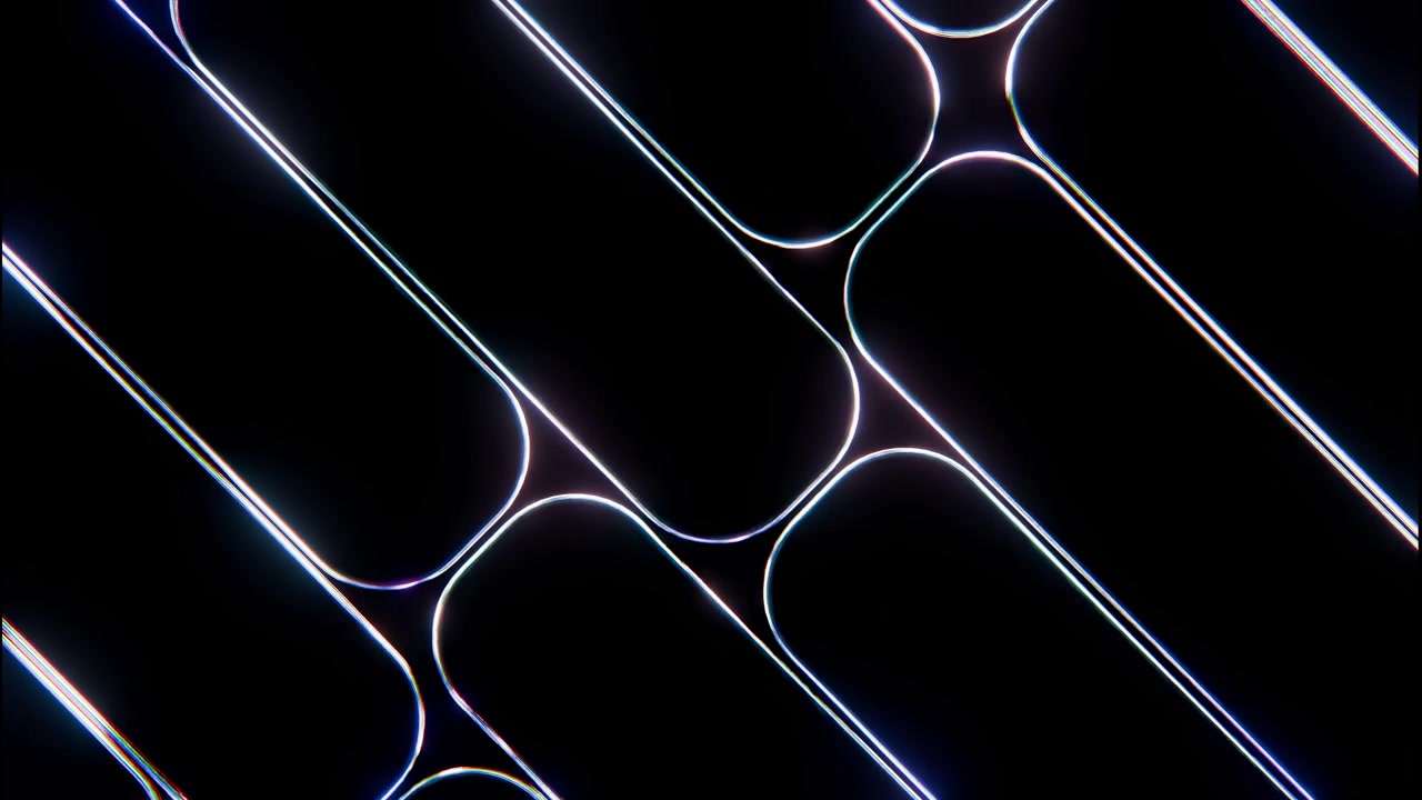 Close-up abstract motion scene with parallel diagonal rounded rectangular bands linked by curved hourglass intersections, glowing with thin neon rim light over deep black negative space