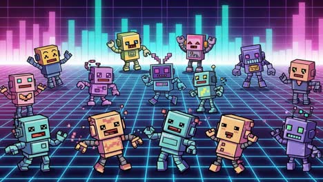 a retro dance party of colorful cartoon robots grooving to vibrant beats on a neon-grid background with animated expressions of joy and celebration