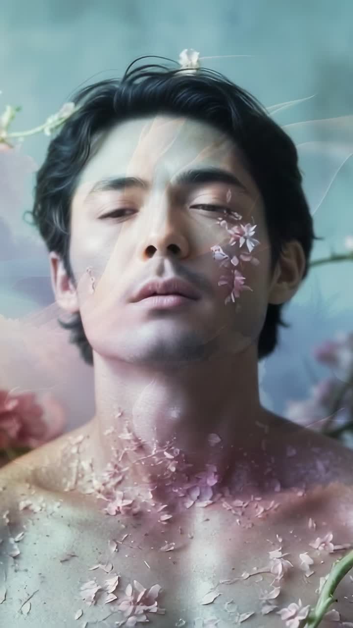 Vertical video: Pulling back revealing shirtless Asian model in studio, with shifting pink petals