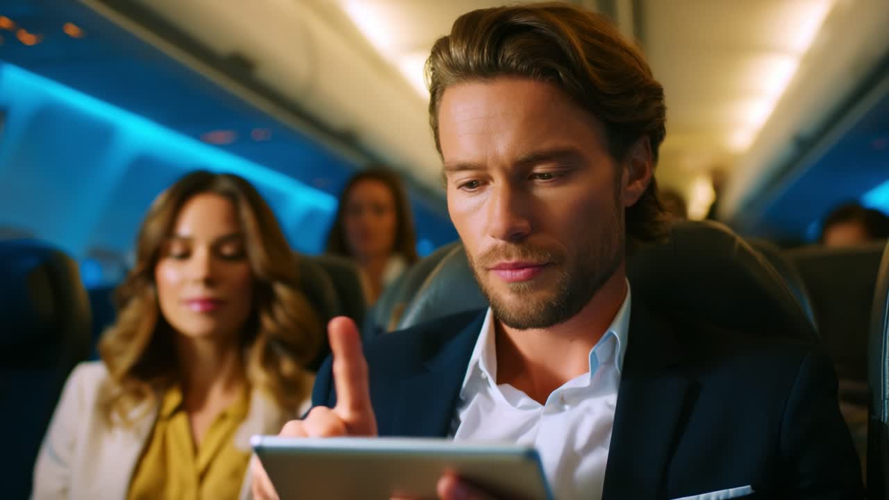 Un uomo d'affari concentrato sul suo tablet mentre è seduto su un aereo, che mostra una calma atmosfera di viaggio, circondato da altri passeggeri in un ambiente aeronautico con illuminazione blu e comodi sedili