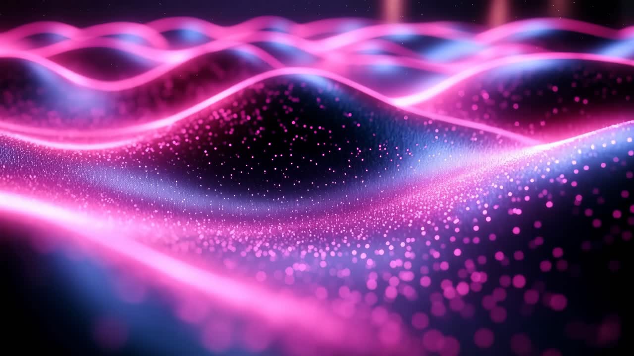 Glittering digital waves. Colorful waves shimmer with pink and blue light, creating a mesmerizing display of sparkles and movement.