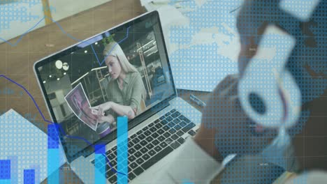 animation of financial data processing over diverse business people having video call