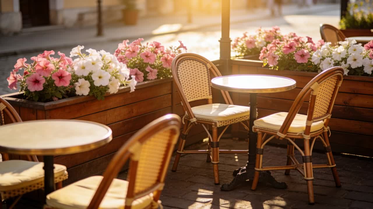 La luce del sole sorge, la telecamera si sposta verso un tavolo da bistrot, sedie in rattan su un patio di caffè, riscaldando i fiori.