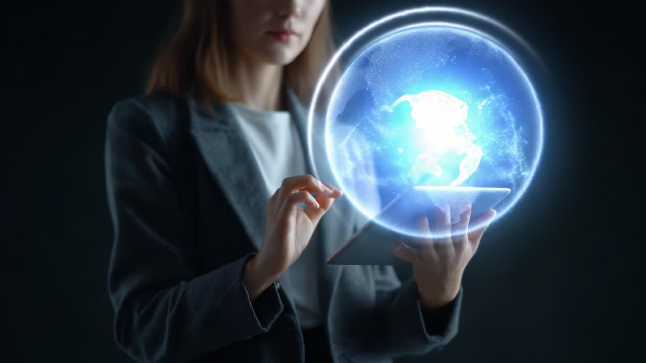 A Professional Woman Interacting with a Futuristic Digital Globe on a Tablet, Representing Modern Technology and Global Connectivity in a Dark Environment