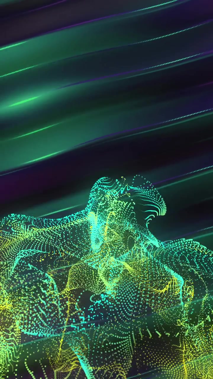 Animation of moving glowing lights and waves over black background