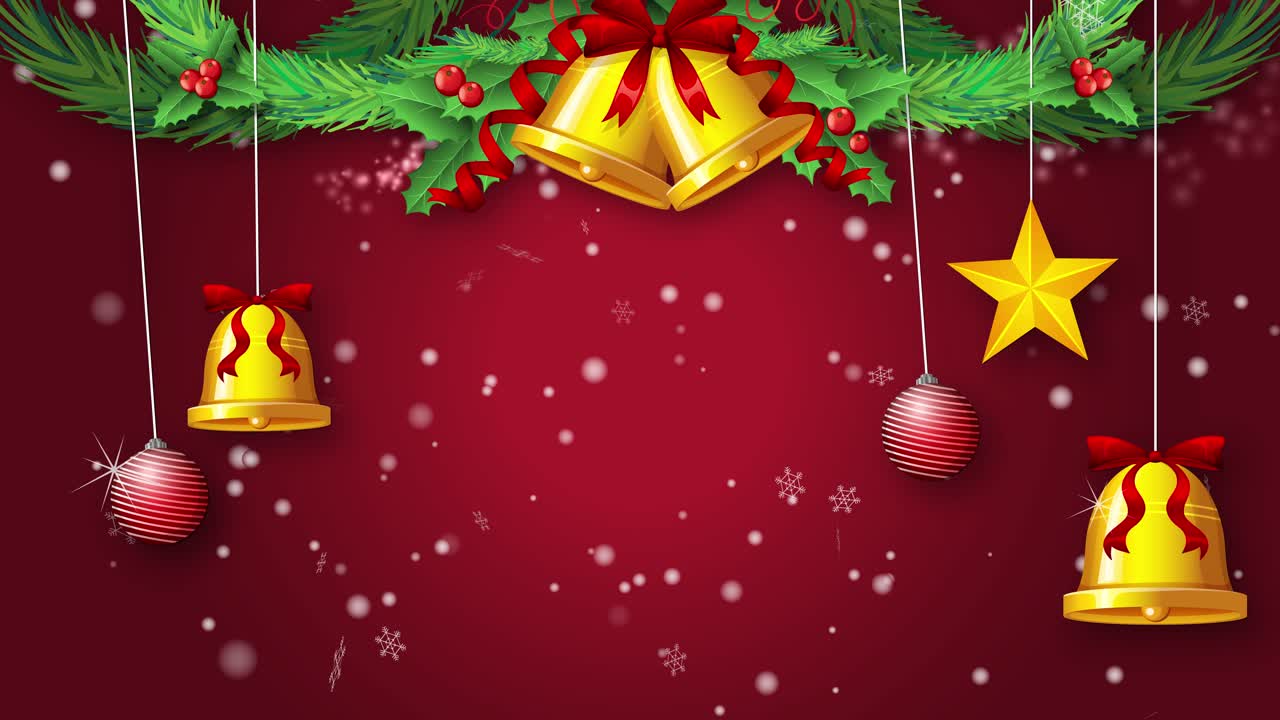 las decoraciones navideñas se balancean suavemente, los copos de nieve caen.