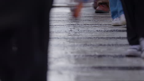 slow motion. people's feet, walking across a crosswalk on a wet day. new york city traffic. rain, manhattan nyc