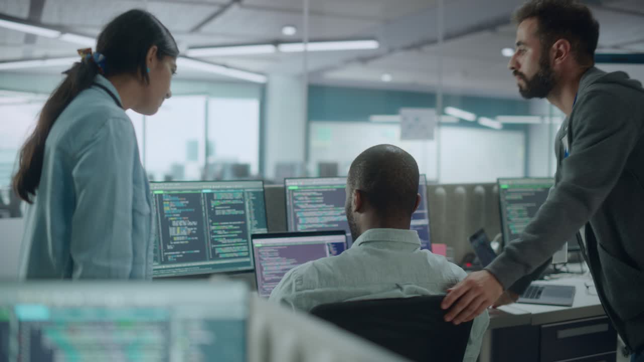 Multi-Ethnic Group of Energetic Professionals Team Meeting in Office: Brainstorming IT Programmers Use Computer, Talk Strategy, Discuss Analysis. Innovative Software Engineers Develop App Program
