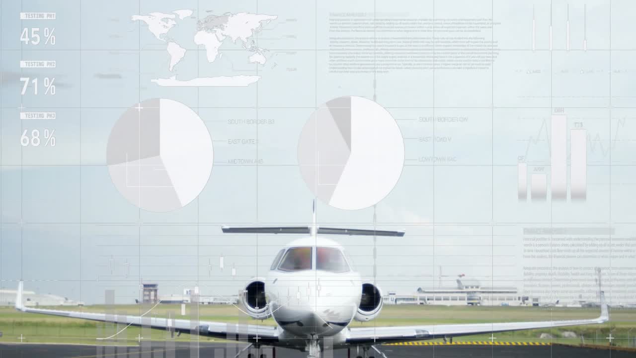 Aparece una cuadrícula mientras un jet privado se desplaza con gráficos animados, un indicador incrementándose, mostrando métricas