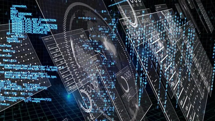 Animation of financial data processing and scope over black background