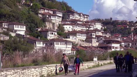 beautiful establishing shot of ancient houses in berat albania