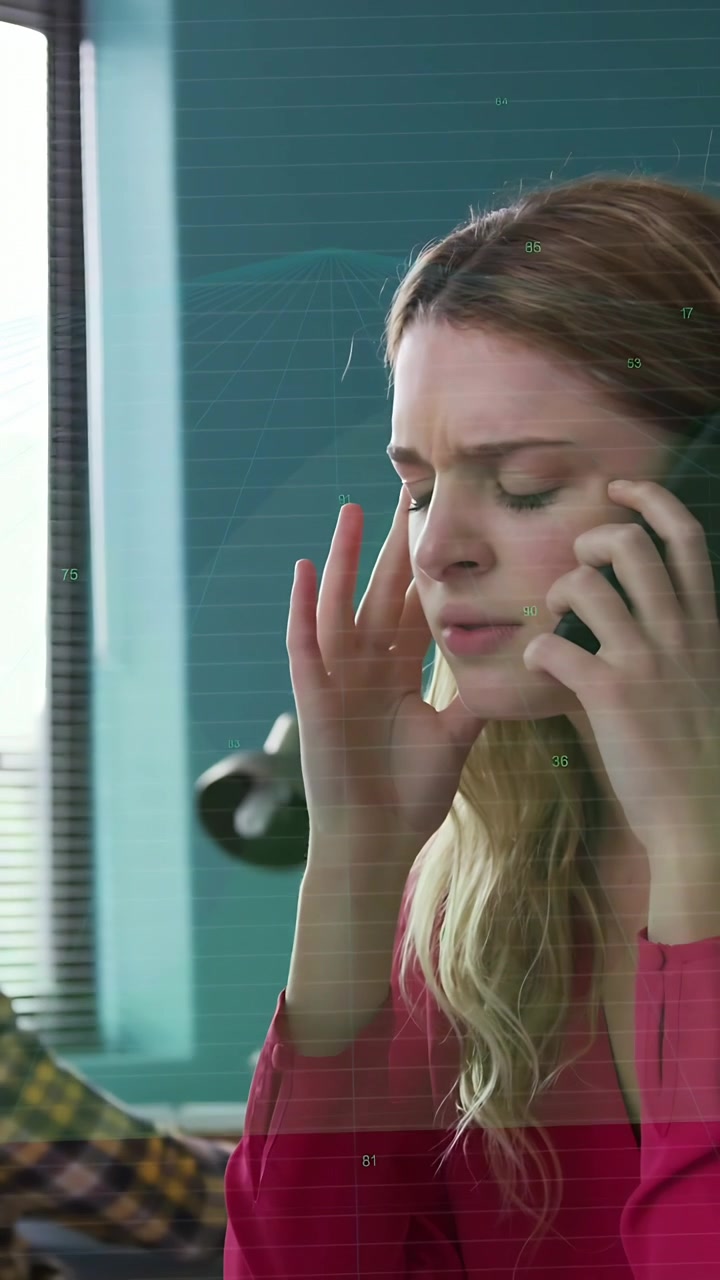 Vertical video: Woman answering call gesturing as animated lines crossing hand, resolving work call