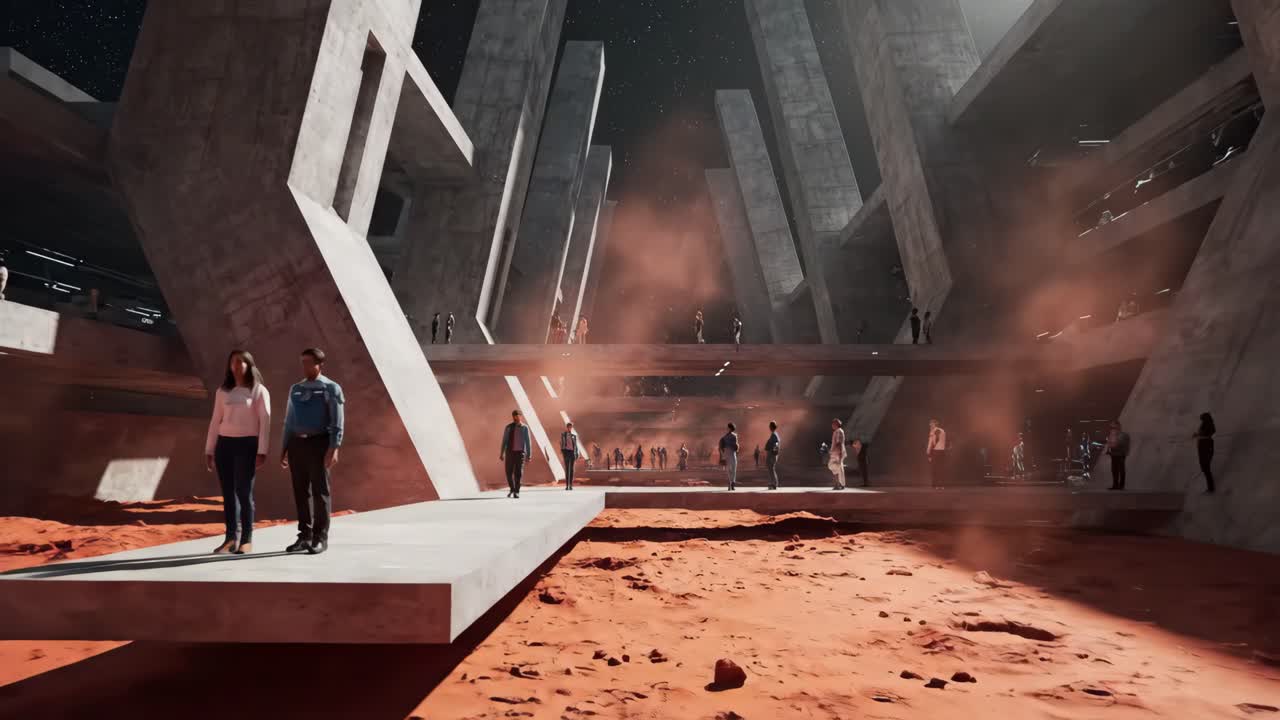 Ludzie eksplorują futurystyczną Czerwoną Planetę z masywnymi betonowymi konstrukcjami