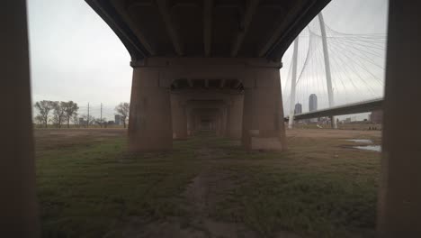 under bridge view of the the margaret hunt hill bridge walkway in dallas