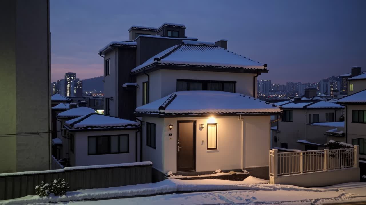 Warm light illuminating snowy houses in a Seoul residential area at dusk, creating a cozy atmosphere with city lights and mountains providing a stunning backdrop during winter