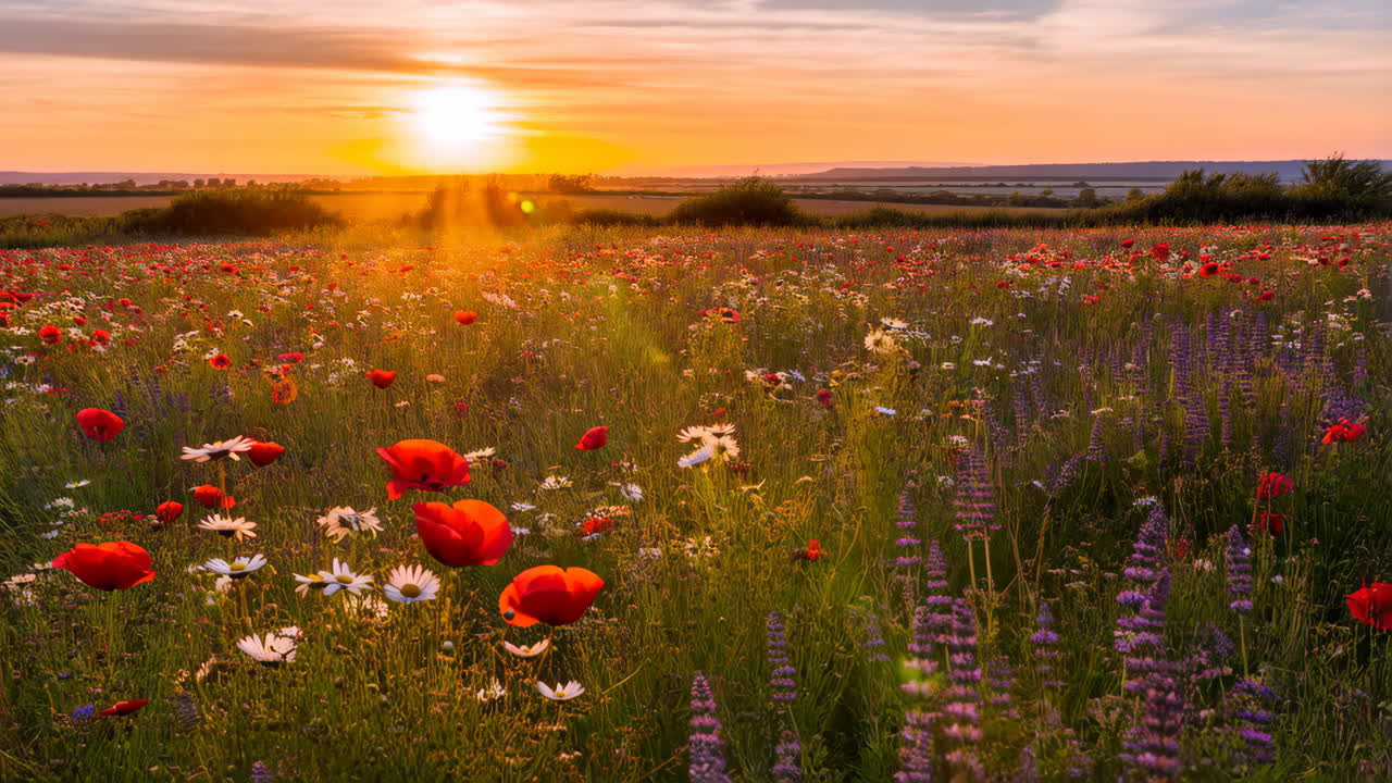Vibrant Sunset over a Wildflower Field
