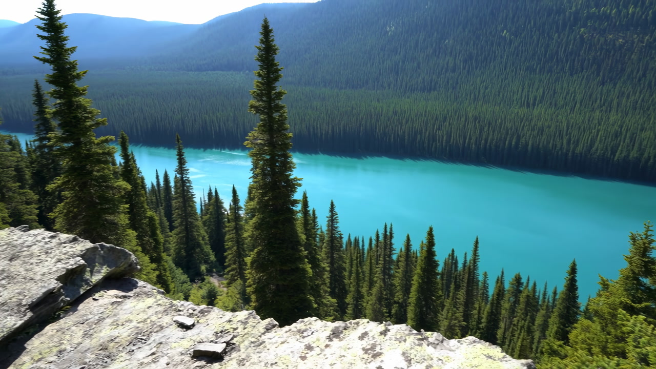 Turquoise Mountain Lake Framed By Pines Overlooking Rocky Ledge, Sunlit Conifer Forest Cascading Down Slope