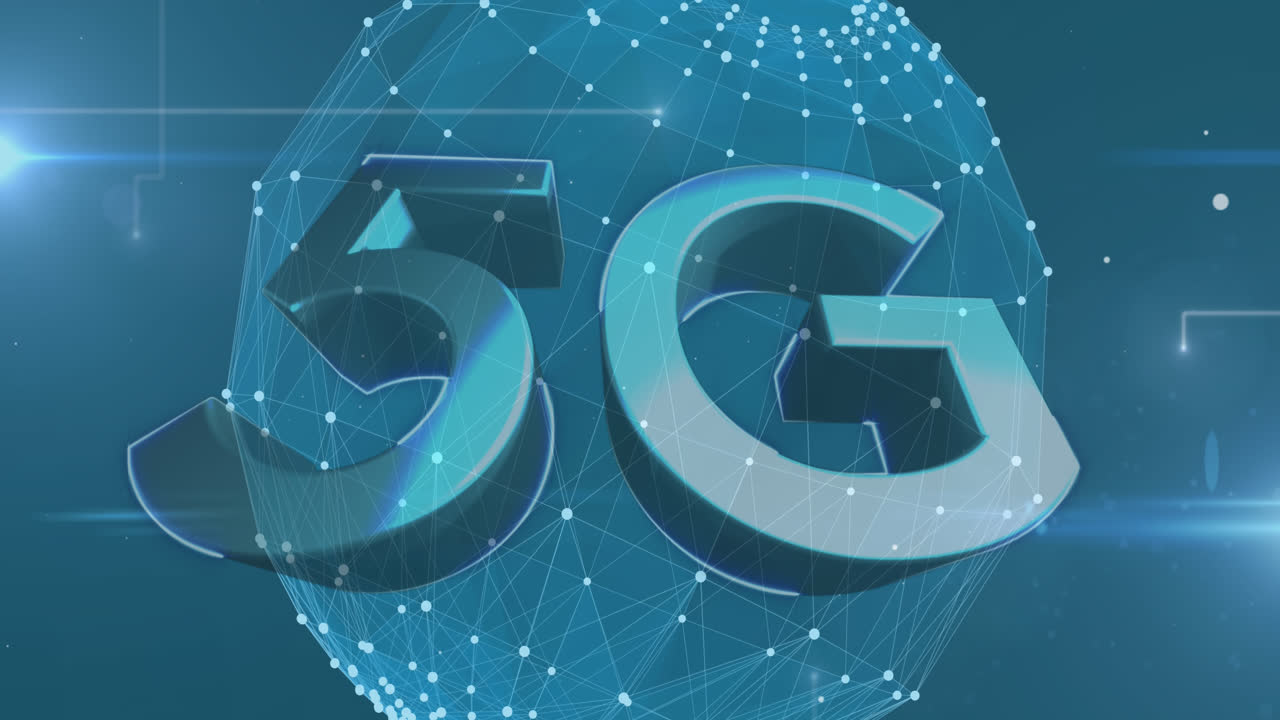 testo 5g sul globo della rete di connessione contro tracce luminose su sfondo blu
