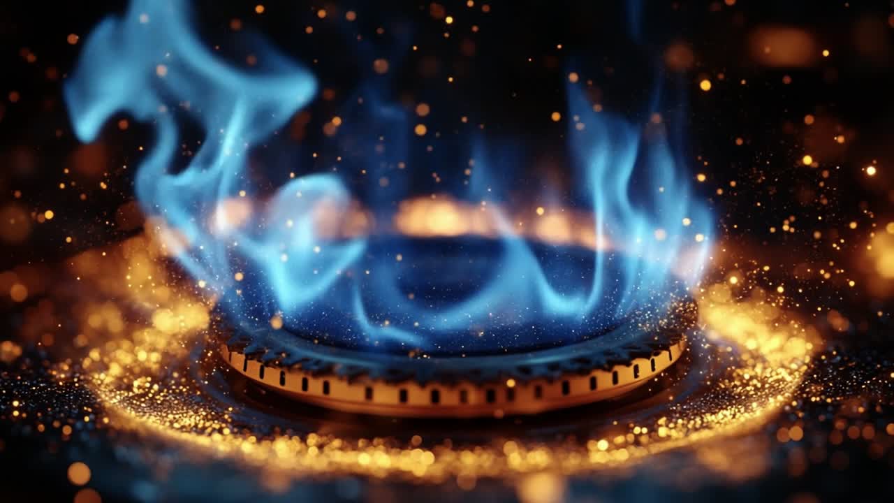 Flames dance on gas stove. Bright blue flames flicker and swirl around a gas burner, creating an enchanting display of light and energy.