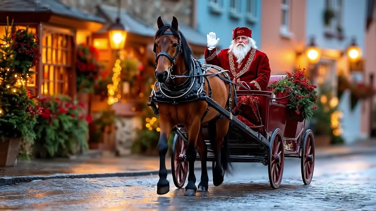 A man in a red suit riding in a horse drawn carriage down a street