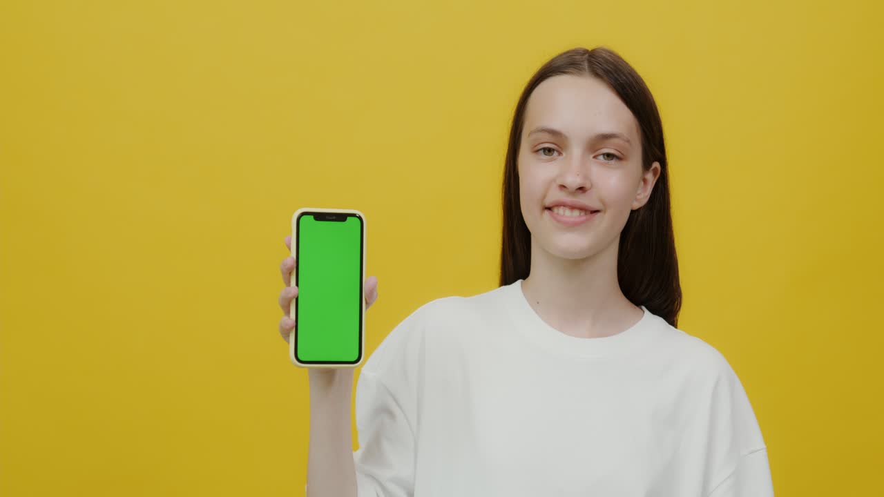adolescente sosteniendo un teléfono con pantalla verde