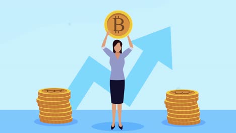 elegante mujer de negocios levantando bitcoins y flecha hacia arriba