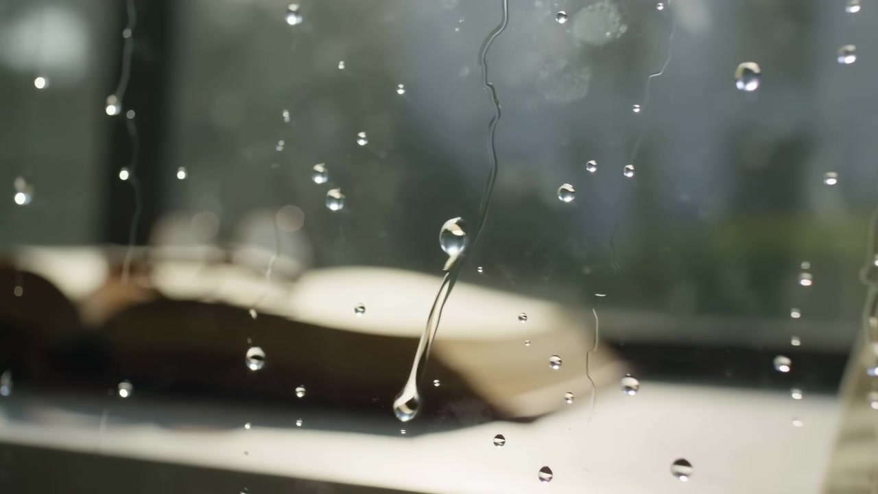 Water droplets cling to a windowpane in the foreground while a softly blurred interior glows behind them. Warm light and shallow depth of field create a calm