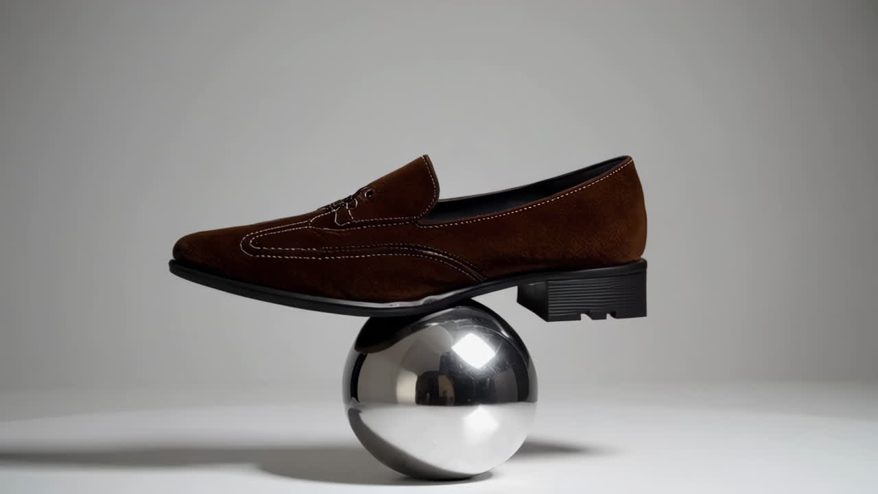 Brown Loafer Balanced on a Reflective Sphere