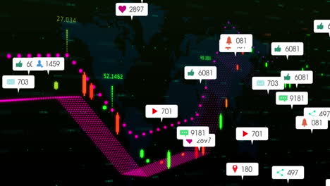 Animation-Von-Benachrichtigungsleisten-Mit-Mehreren-Diagrammen-Und-Einer-Karte-Auf-Schwarzem-Hintergrund