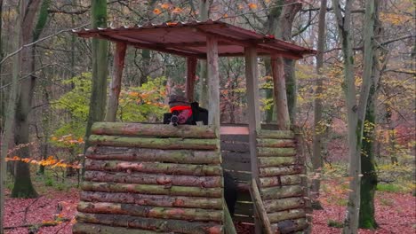 slow motion shot of a hunter sitting on a high stand and aiming at the camera