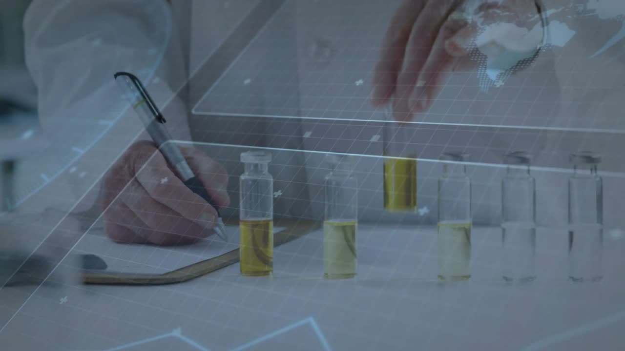 Senior lab scientist hovering over rack selecting vial inspecting and logging data overlay rising