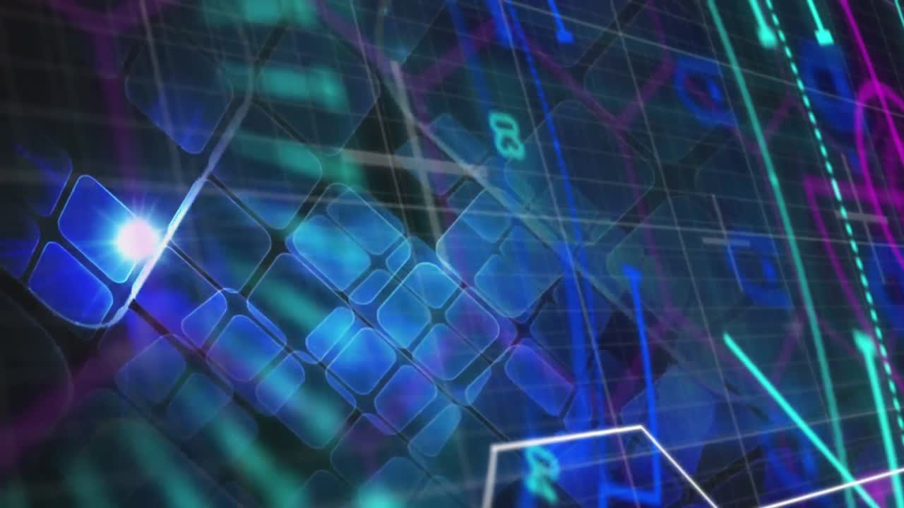 animación del escaneo del alcance y el procesamiento de datos sobre cuadrados brillantes azules en el fondo