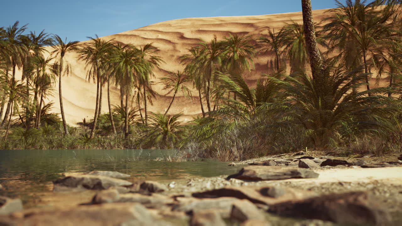 Oasi verde con stagno nel deserto del Sahara