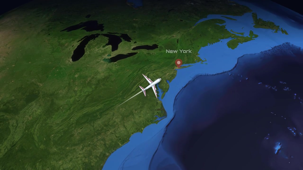 Satellite view animation follows a commercial airplane flying from Mexico City to New York City