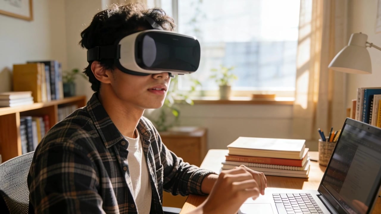 Reagerende teenager i ternet skjorte med VR-headset ved skrivebordet, vender sig mod virtuelt signal og taster på bærbar computer